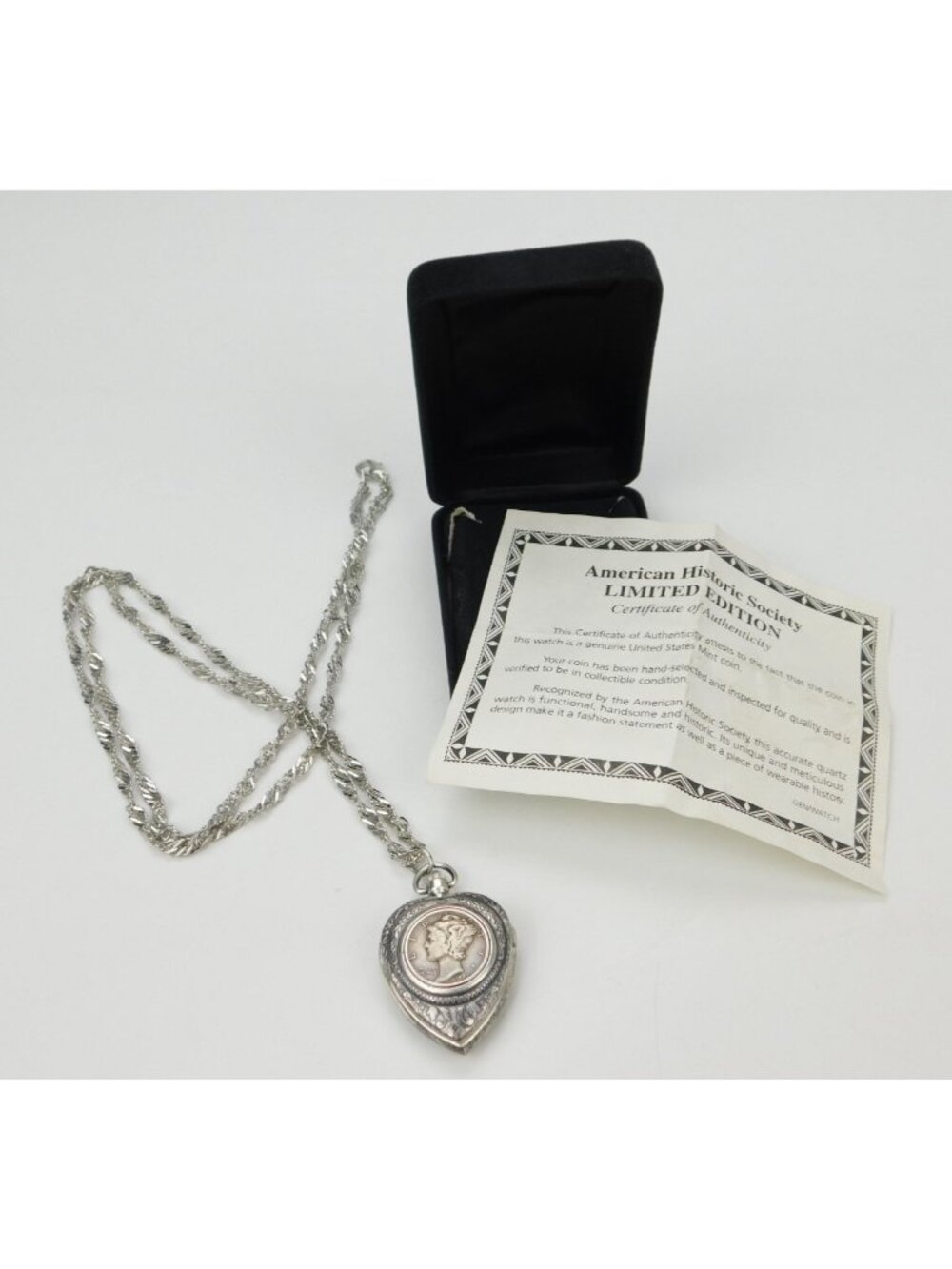 American Historical Society 1940 Mercury Dime Silver Locket Watch Necklace 30”